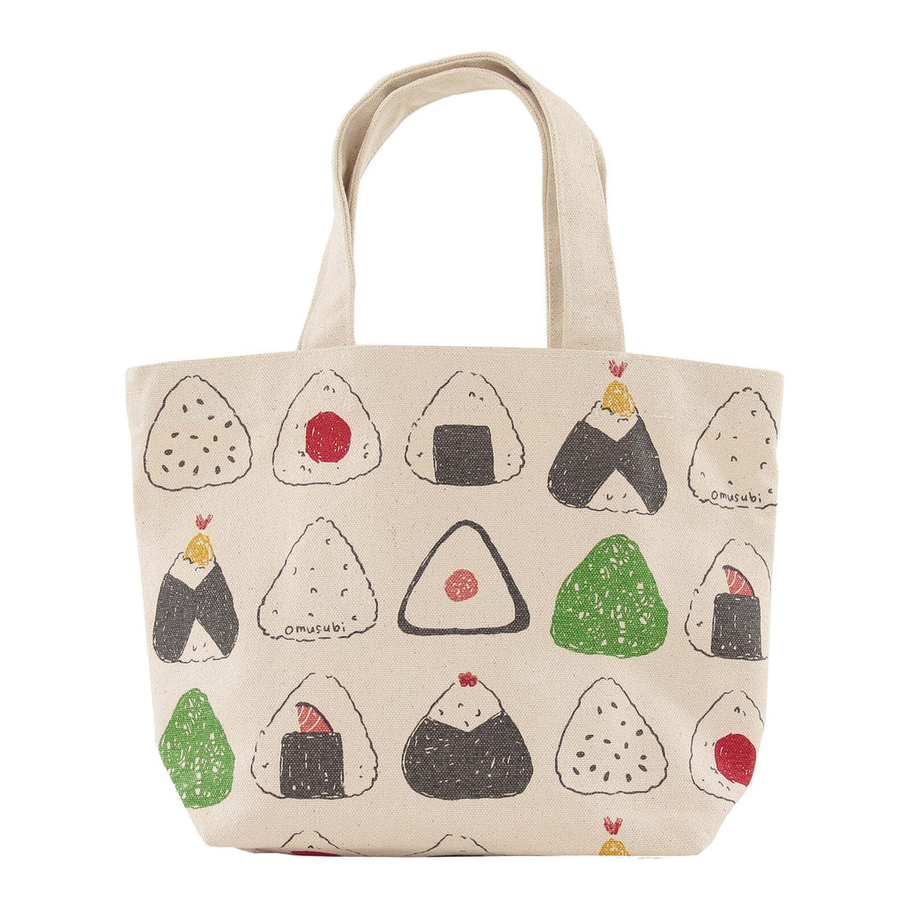 Natural cotton tote bag decorated with various onigiri designs, combining cultural charm with everyday functionality.