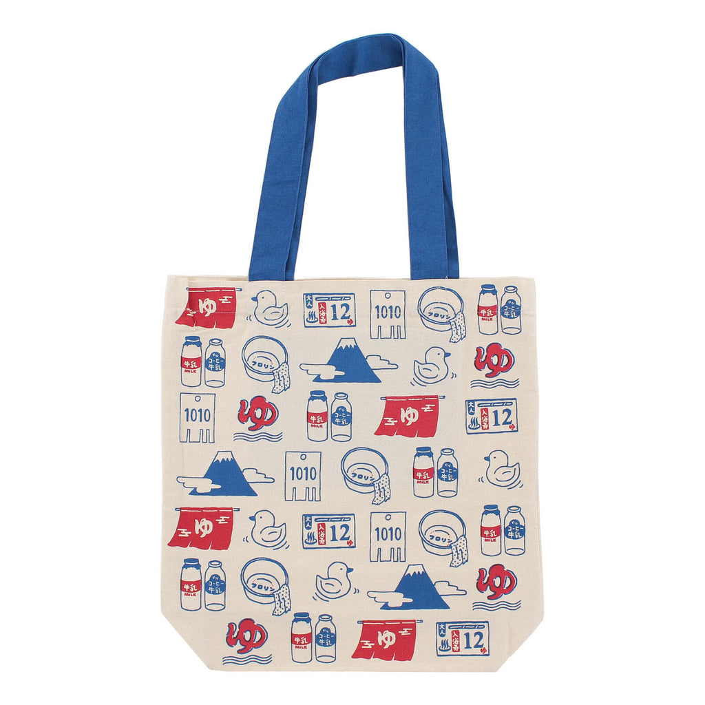 Japanese iconography A4 cotton tote bag with interior pocket, showcasing Mount Fuji, onigiri, and traditional symbols on a natural cotton background.