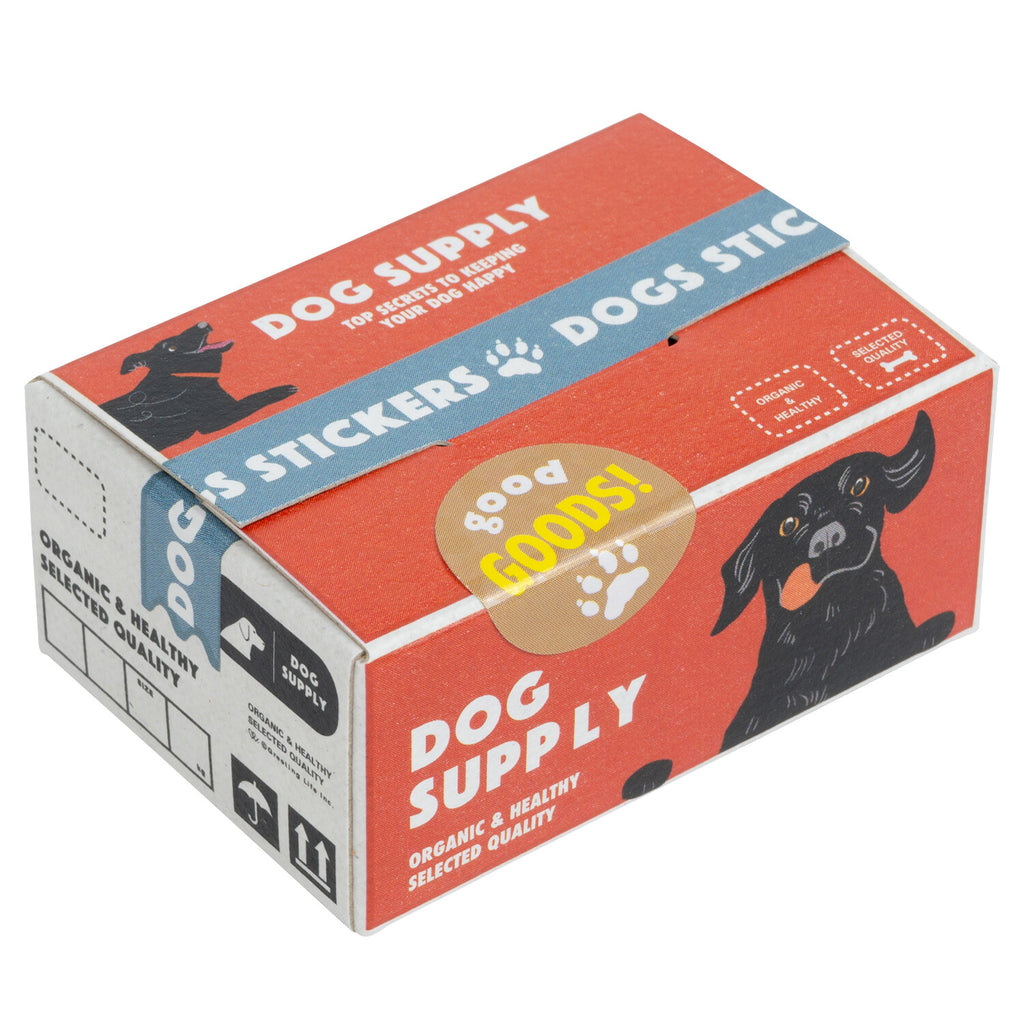 A vibrant, red dog supply-themed sticker box with playful illustrations and bold text emphasizing dog health and happiness.