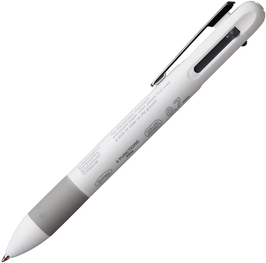 A white Stalogy 4 Functions Pen, showcasing its sleek design and the 0.7mm writing tip.