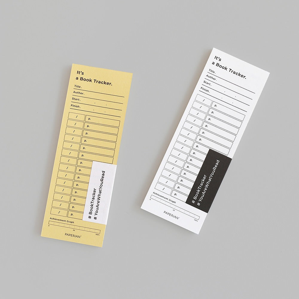 Paperian Book Tracker in white and yellow, a perfect bookmark with areas for noting reading progress and favourite passages.