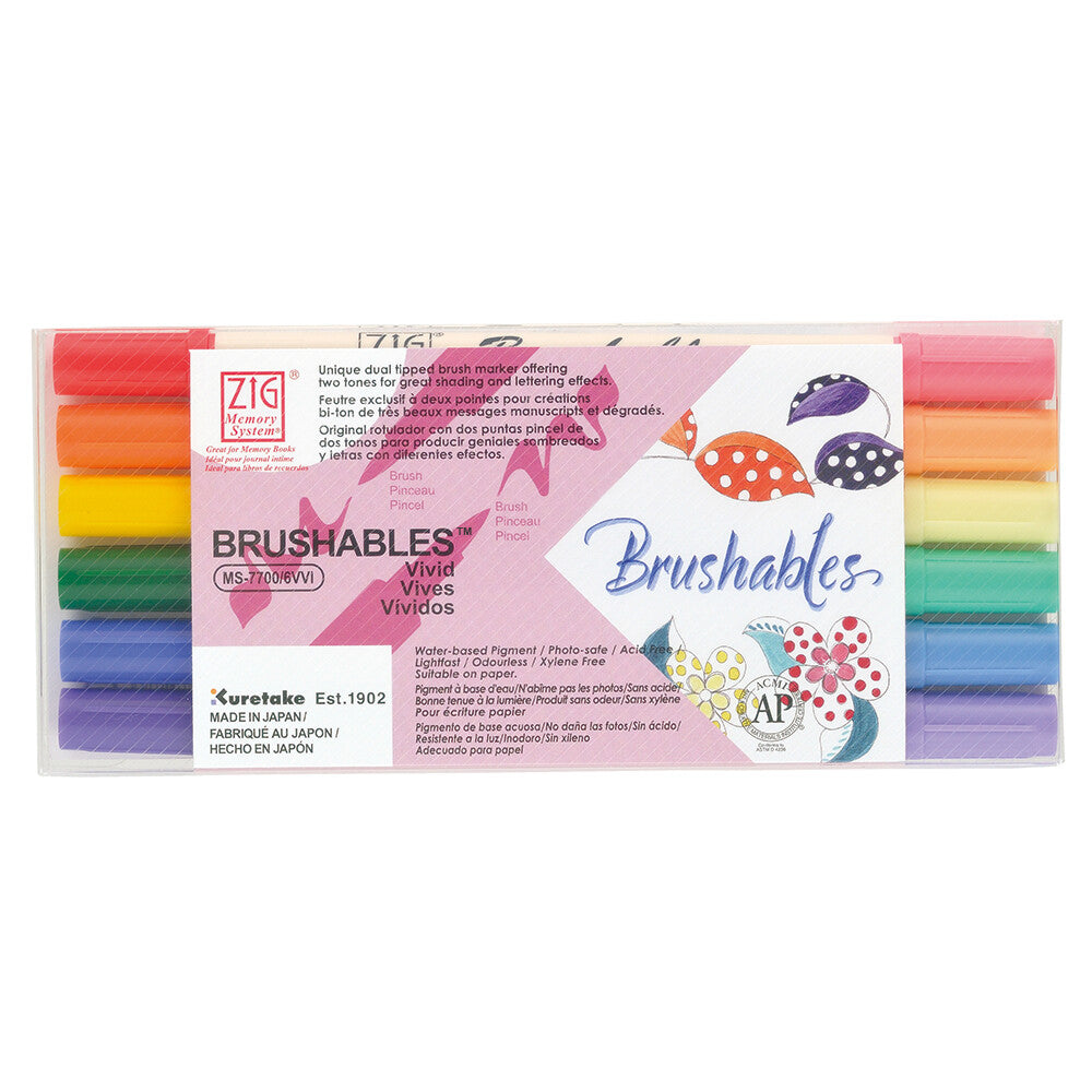 Kuretake ZIG Memory System Brushables 6 Colour Set in Vivid displayed with dual-tips and colour swatches