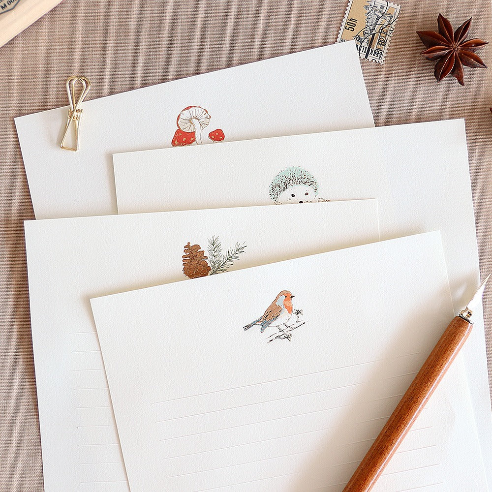 Paperian Letter Writing Set in Forest range designs - Robin, Hedgehog, Mushroom, Pine Cone. High-quality stationery set with hot foil stamped designs.