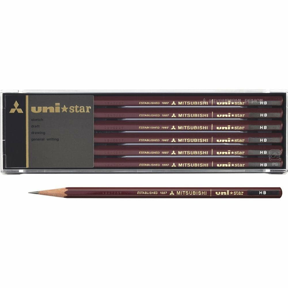 Set of 12 Mitsubishi Uni-Star Pencils in plastic gift box with maroon and gold finish