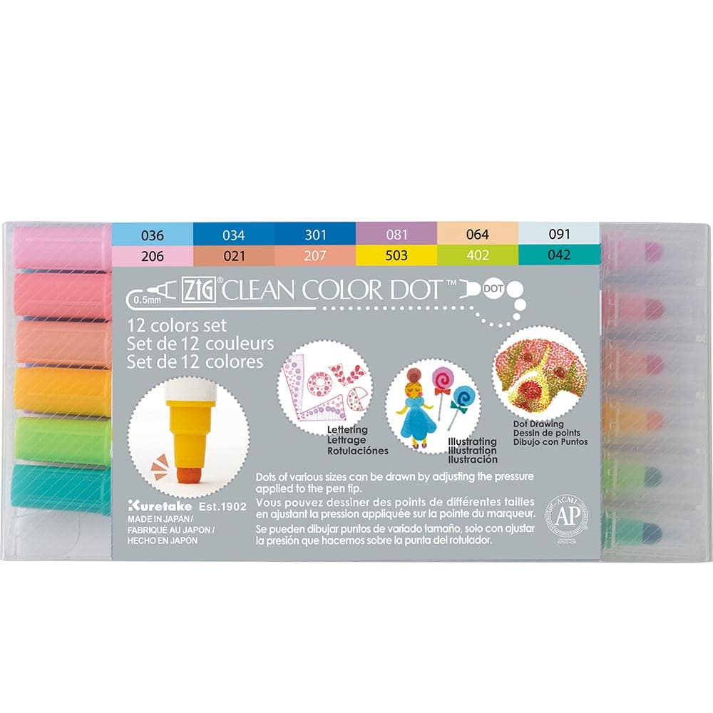 Kuretake ZIG Clean Color Dot marker pens, 12-pack with dual-tips for versatile artistic applications, ideal for bullet journalling, sketching, and more. Made in Japan.