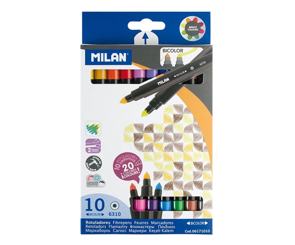 Milan Water-Based Bicolour Felt Tip Pens (Pack of 10) featuring dual-ended, non-deformable, conical tips for versatile colouring and art projects.
