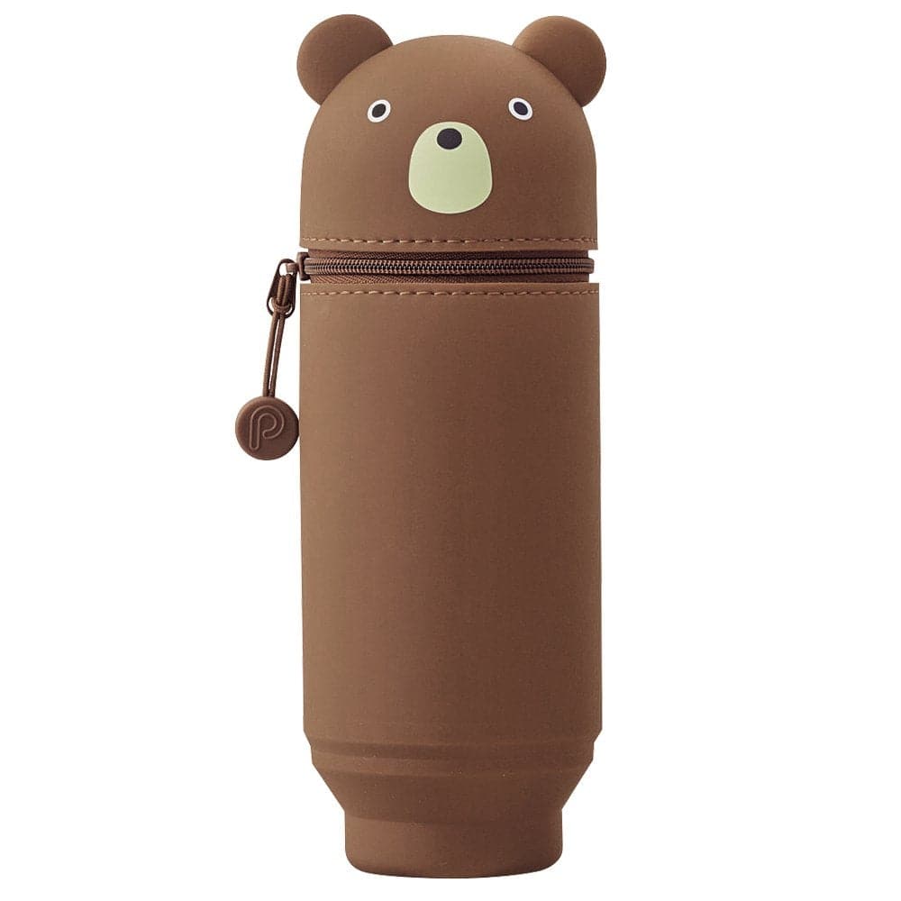 Lihit Lab PuniLabo Brown Bear Standing Pencil Case, crafted from suede-feel silicone, with a zipper for secure storage.