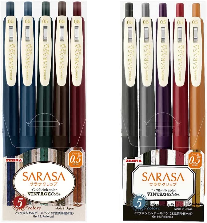 Set of Zebra Sarasa Ballpoint pens in vintage-inspired colours, available in two unique sets.