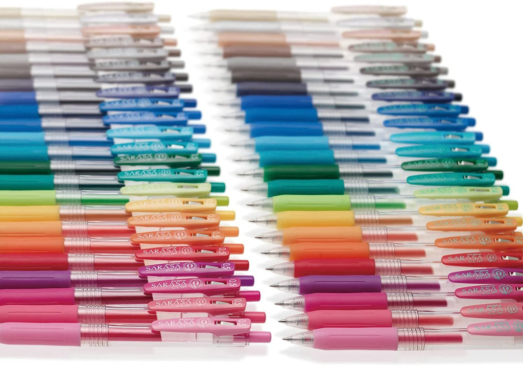 Assortment of Zebra Sarasa Clip Gel Retractable Pens, boasting rapid-dry and waterproof ink in 20 brilliant shades.
