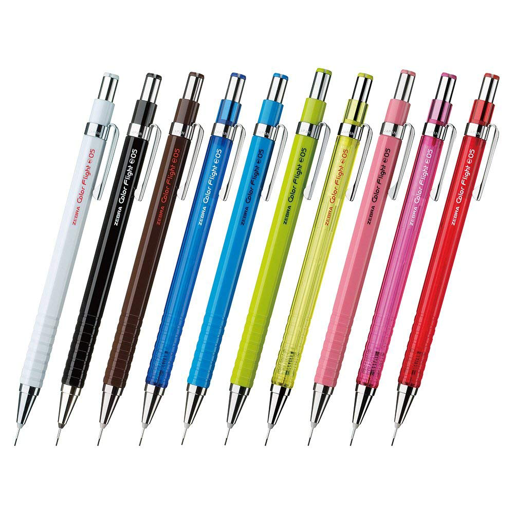 Zebra Color Flight Mechanical Pencil 0.5mm in a range of colours, featuring a click mechanism, ergonomic grip, and twistable eraser.