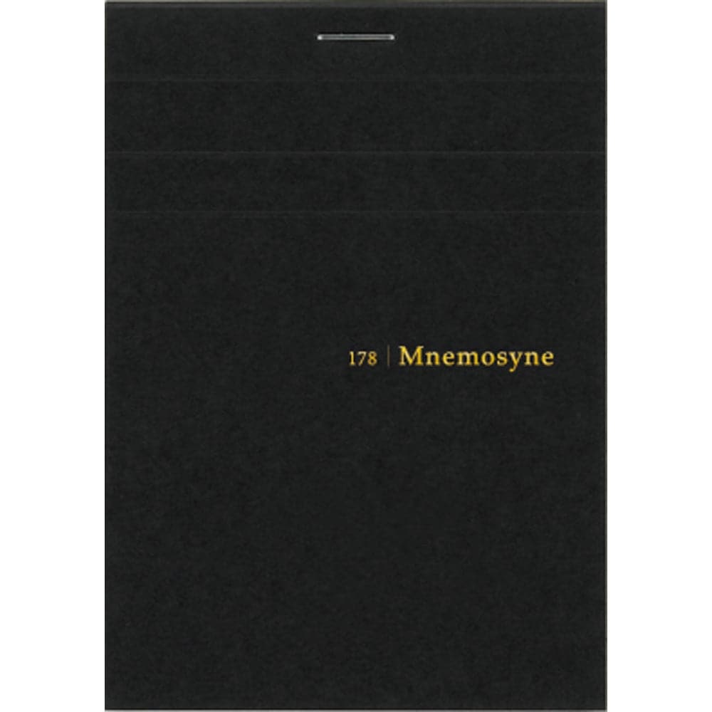 Mnemosyne N178A Notepad B7 featuring a black card front cover, light grey 5mm grid layout, and micro-perforated 80gsm Japanese paper.