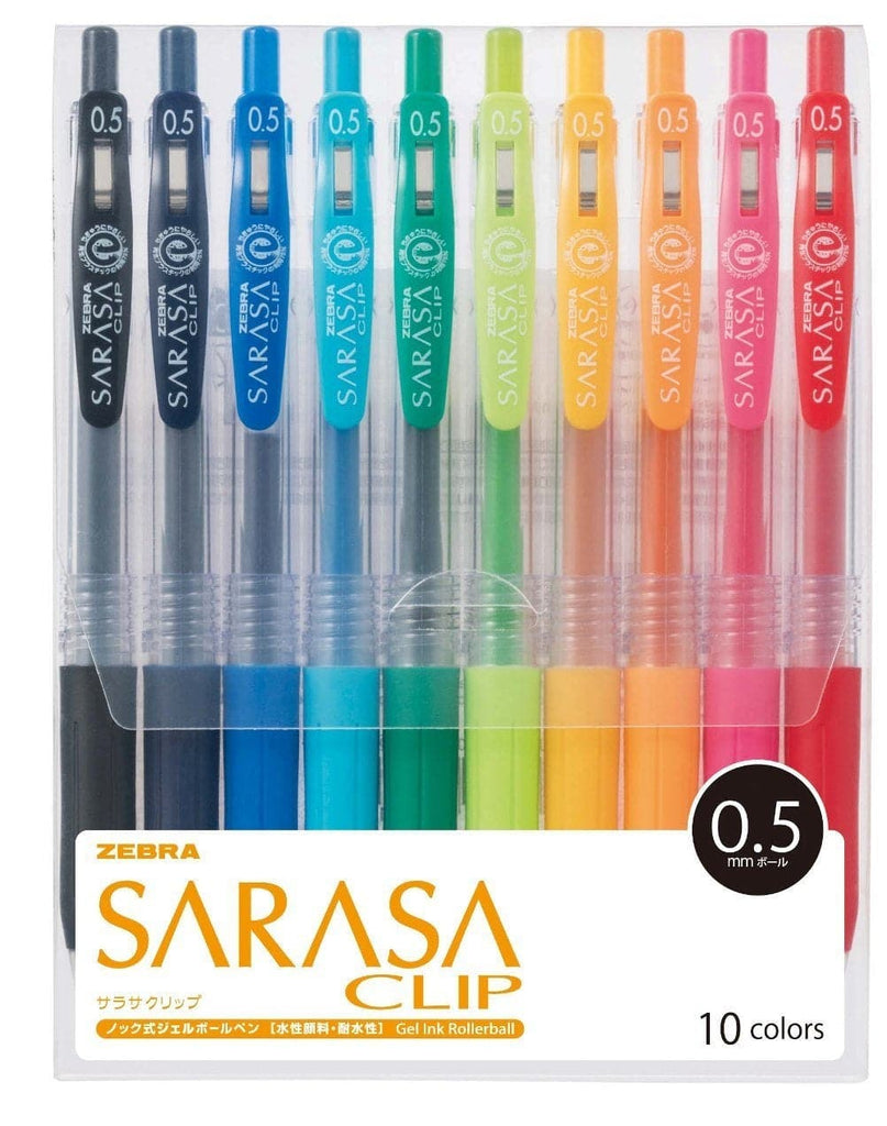 Zebra Sarasa Clip Gel Retractable Pen in a 10-pack featuring a wide range of colours and fast-drying, waterproof ink.