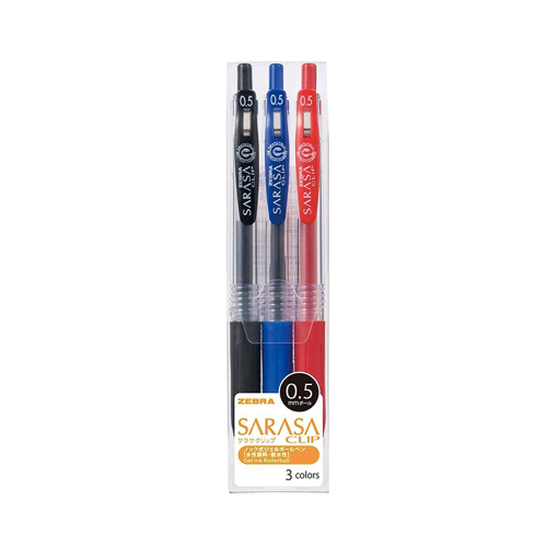 Zebra Sarasa Clip Gel Retractable Pen in a 3-pack featuring black, blue, and red pens with fast-drying, waterproof ink.