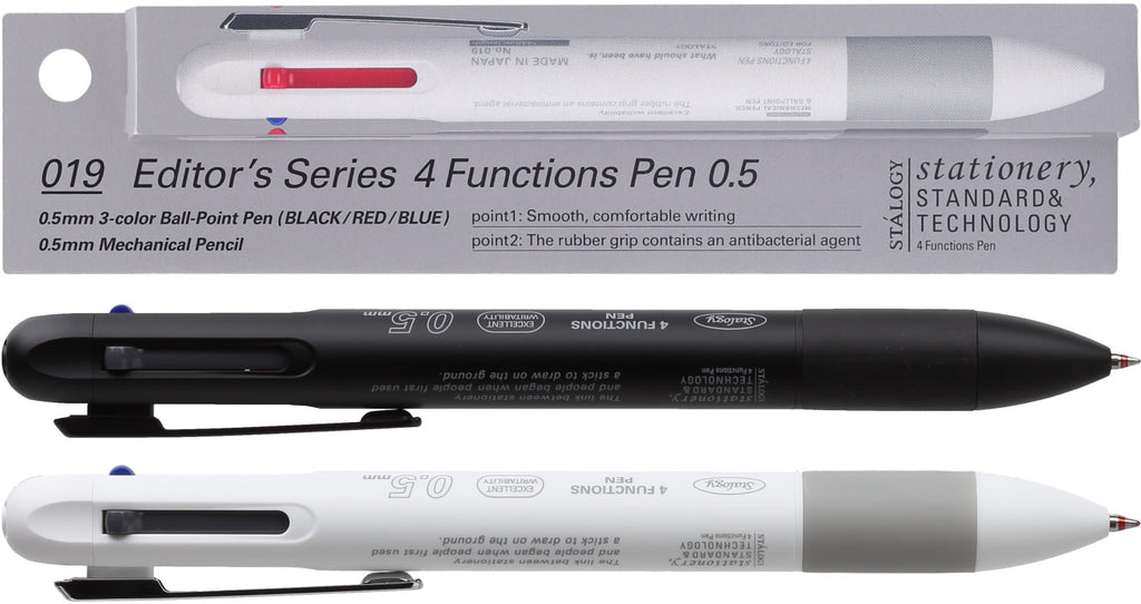 Packaging of the Editor’s Series 4 Functions Pen, which indicates the pen's features and environmental consideration.