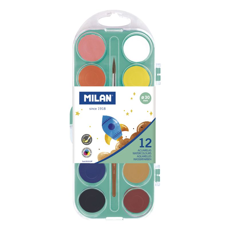 Milan 12 Opaque Colours Watercolour Set packaging with colourful rocket design.
