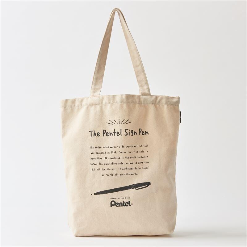 Pentel sign pen inspired tote bag with a cap-type water-based autograph pen design and mini pocket.