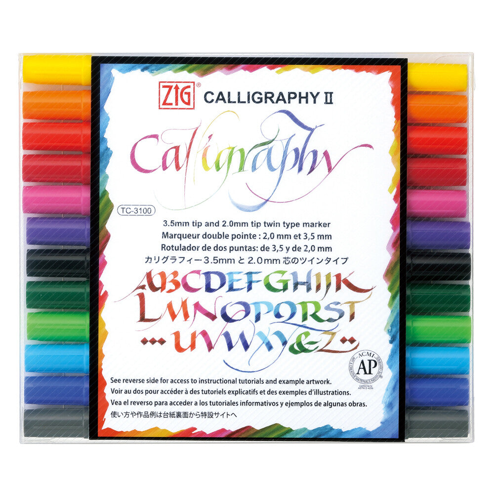 Kuretake ZIG Calligraphy II Set of 12 pens showing their vibrant ink and dual tips