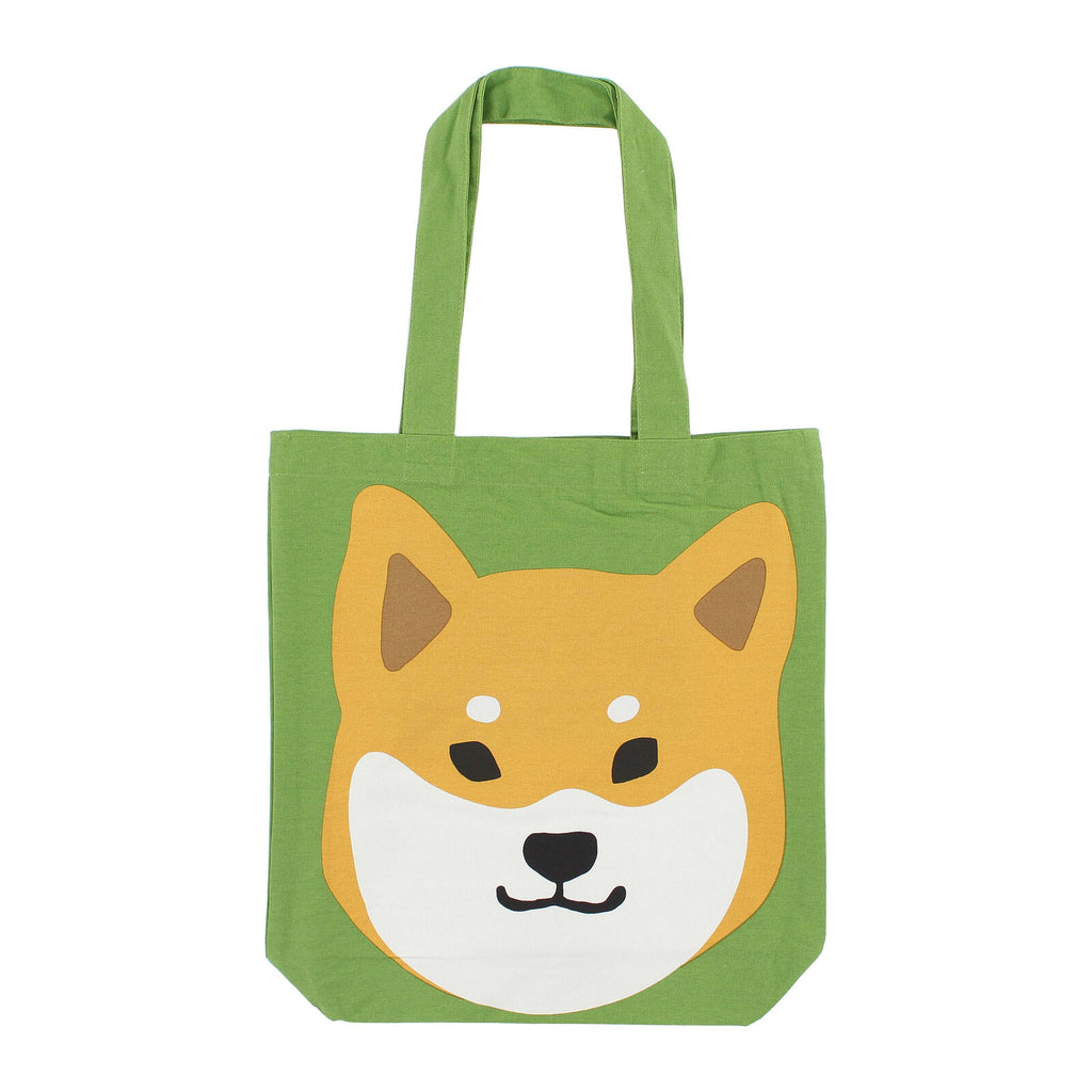 Green cotton tote bag featuring a cute Shiba Inu design, with brown handles and an internal pocket, perfect for daily use or as a planner bag.