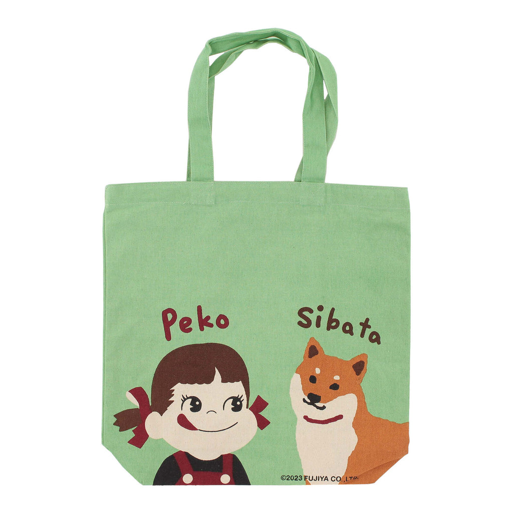 Peko-chan and Shibata Shiba Inu Illustrated on Green Canvas Tote Bag