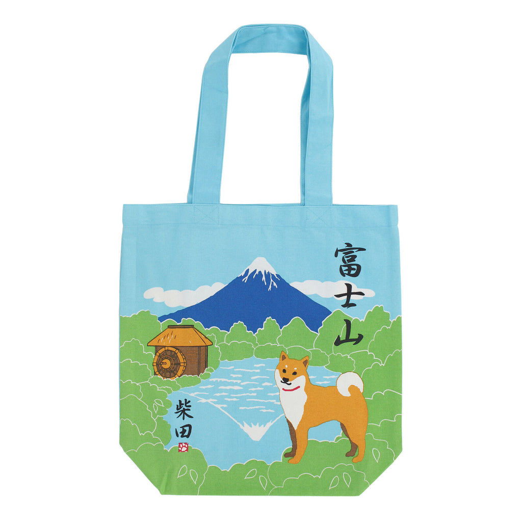 Japanese-themed Shiba Inu Cotton Tote Bag on a blue background with Mount Fuji imagery.