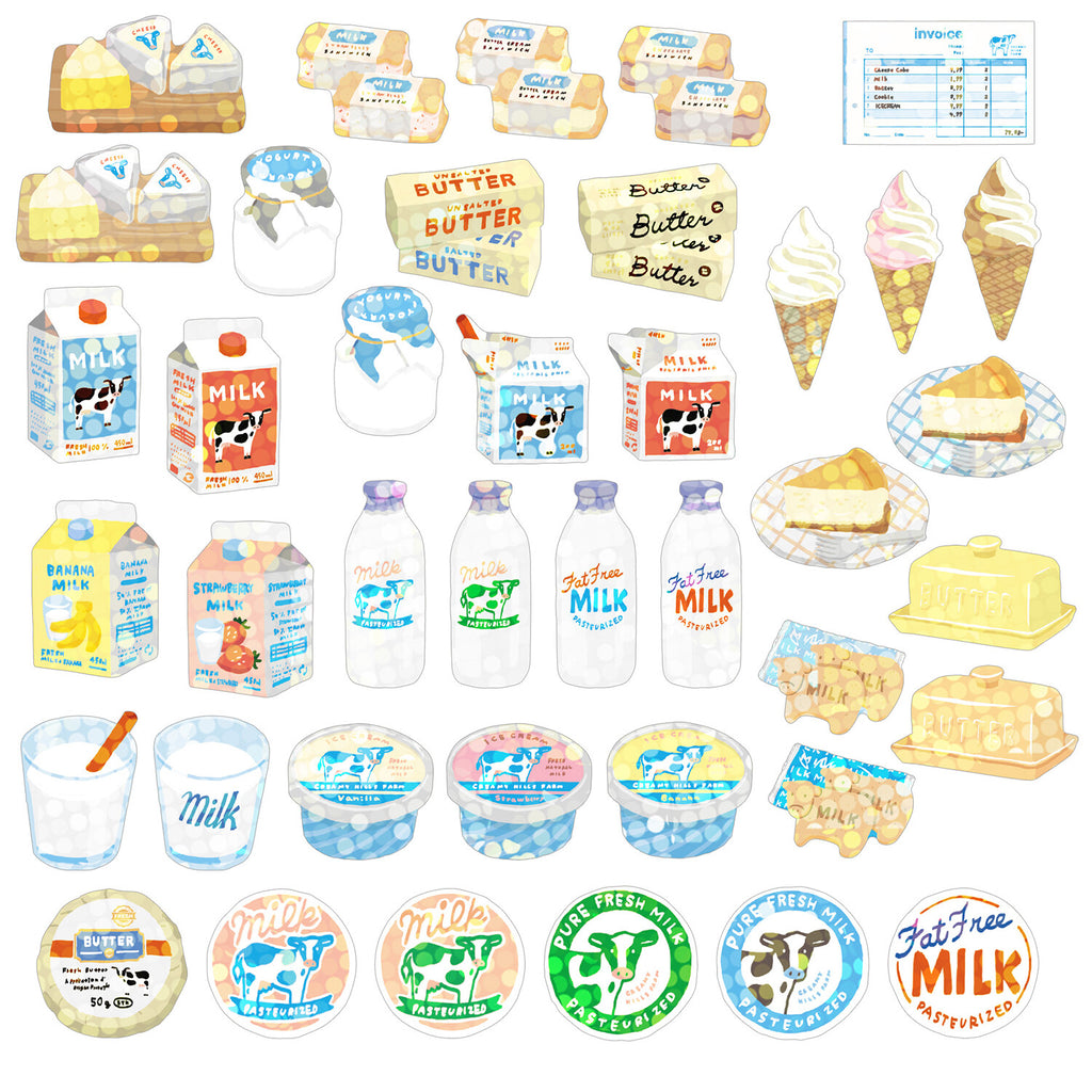 An array of Creamy Hills Farm dairy-themed stickers with varying designs and holographic shimmer.
