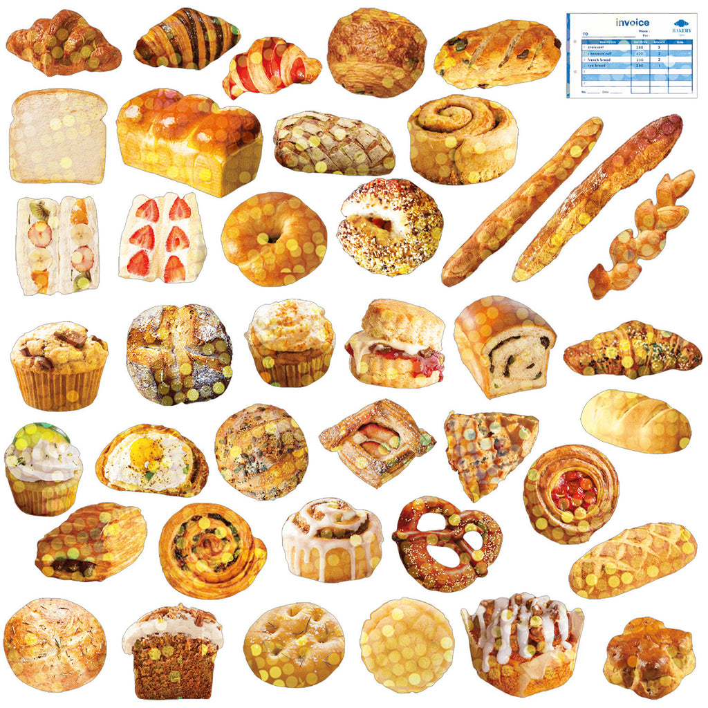 Sheets of assorted bakery stickers with various designs of bread, pastries, and sweet treats on a clear background.