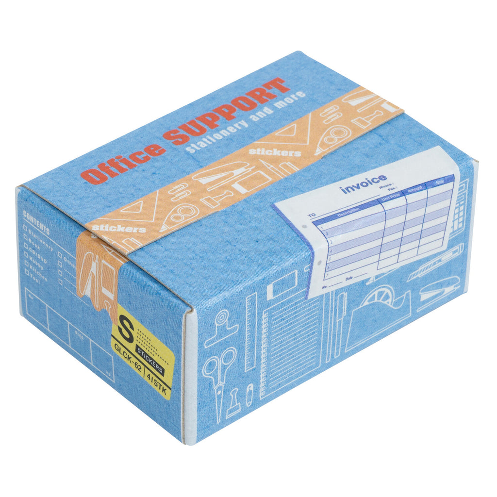 A blue rectangular box with 'Office Support' and stationery illustrations printed on it.