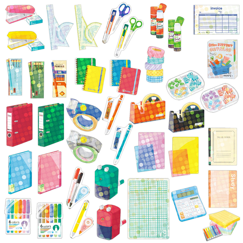 Neatly organised stationery items with vibrant designs on a white background.
