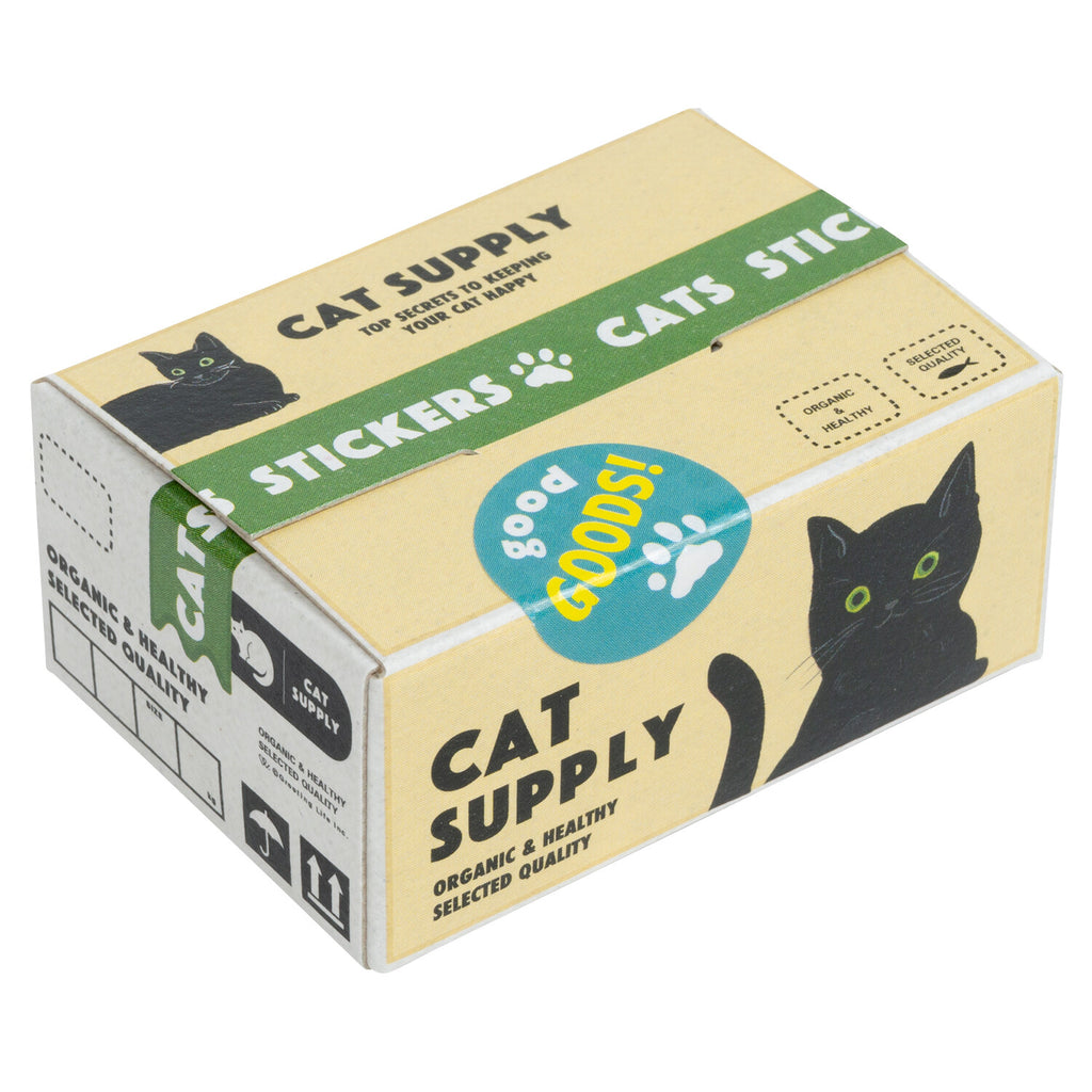 Image of a closed sticker box with cat illustrations and product information.