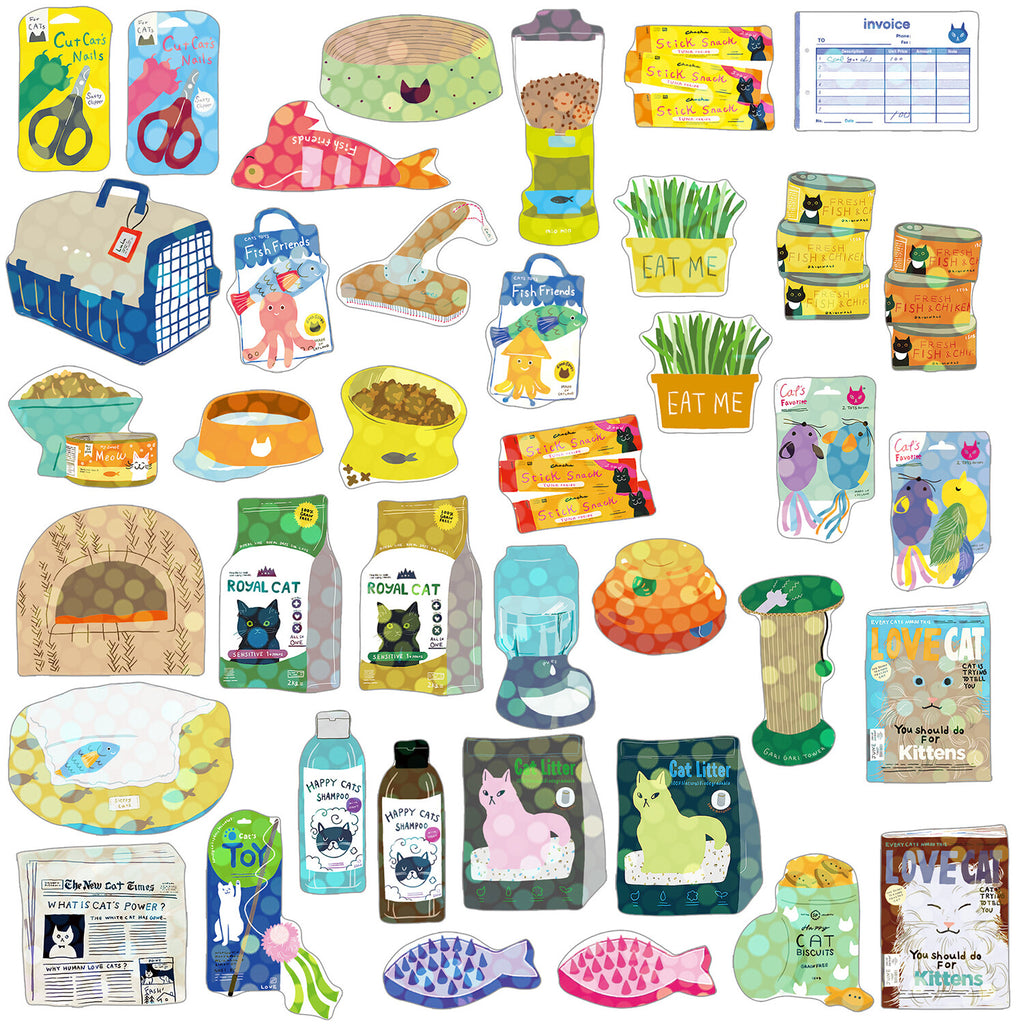 A comprehensive display of the sticker collection, showcasing the variety of cat-related items and playful designs.