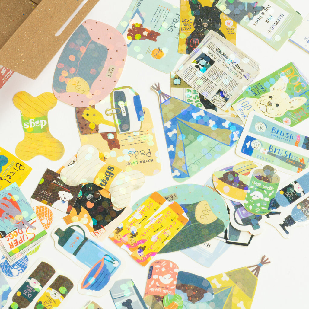 A delightful chaos of dog supply-themed stickers spread out, featuring a variety of shapes and colours.