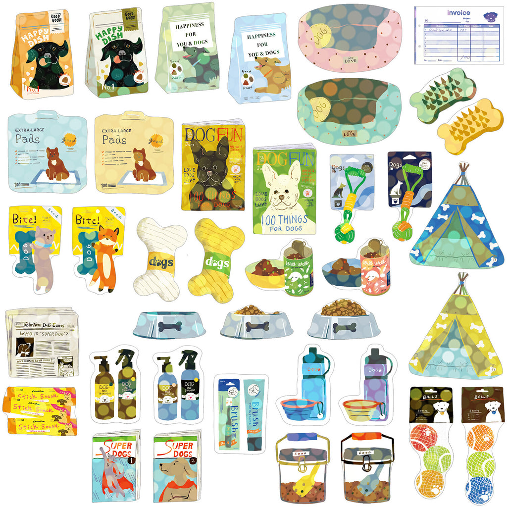 An organized array of dog-inspired stickers, each depicting a unique aspect of dog care or a fun, canine-friendly design.