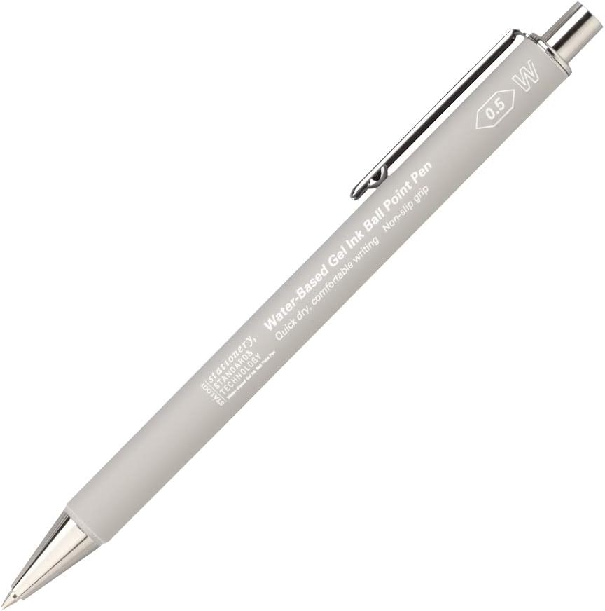 The Stalogy water-based gel ink ballpoint pen in minimalist grey, showcasing the pen's elegant profile.