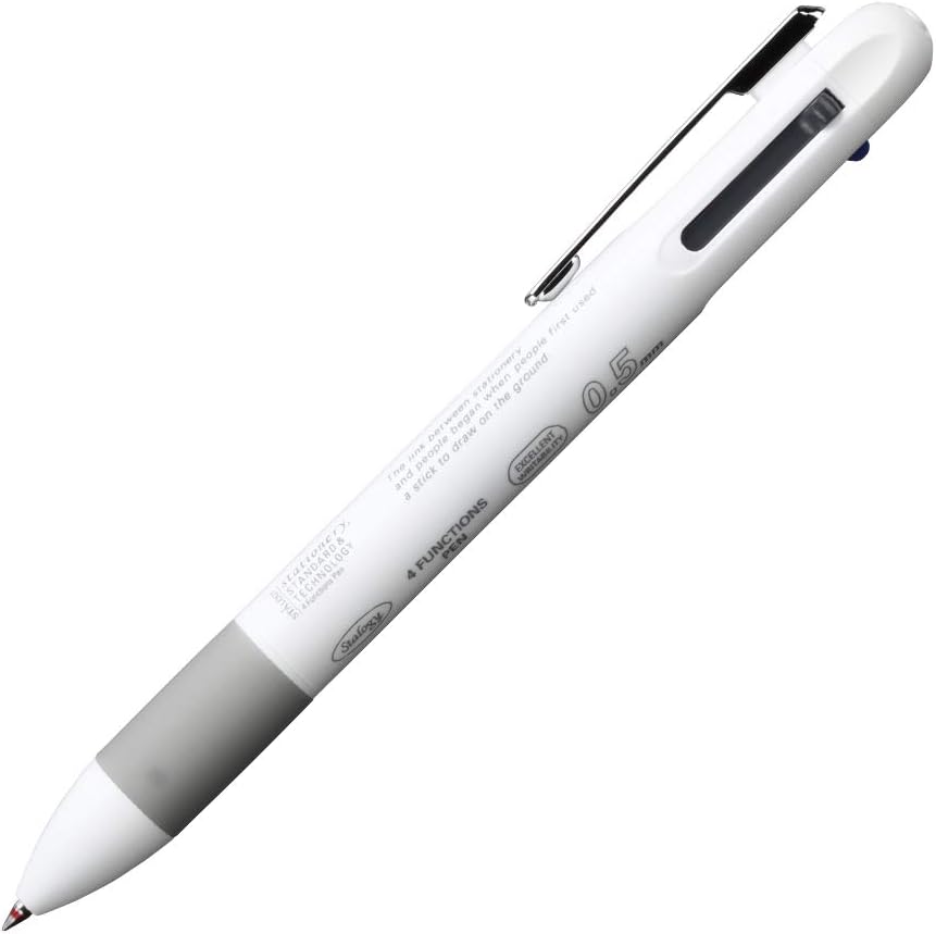 A white Stalogy 4 Functions Pen, showcasing its sleek design and the 0.5mm writing tip.