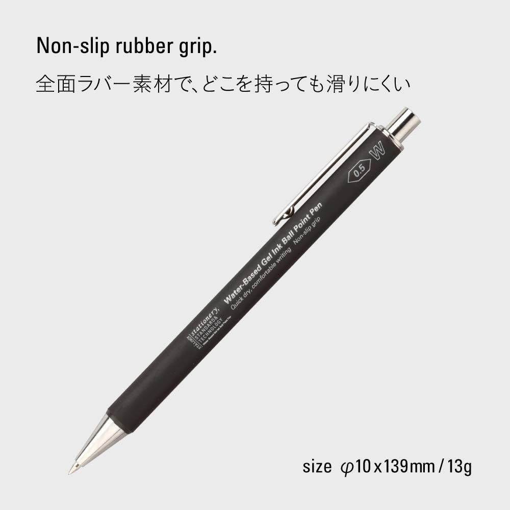 The complete black Stalogy gel ink pen with details of its comfortable non-slip grip.