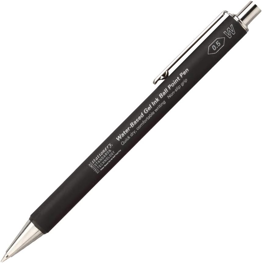 A sleek black Stalogy ballpoint pen featuring 0.5mm water-based gel ink for a swift, clean writing experience.