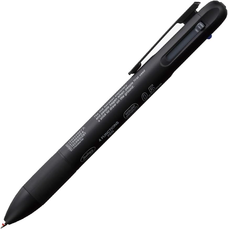 A black Stalogy 4 Functions Pen, showcasing its sleek design and the 0.5mm writing tip.