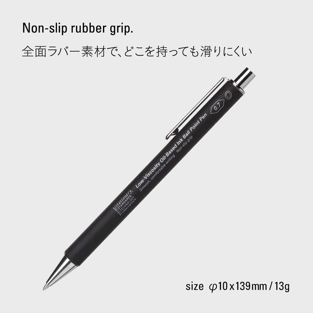 Full view of a black Stalogy low-viscosity oil-based ink ballpoint pen with specifications noted.