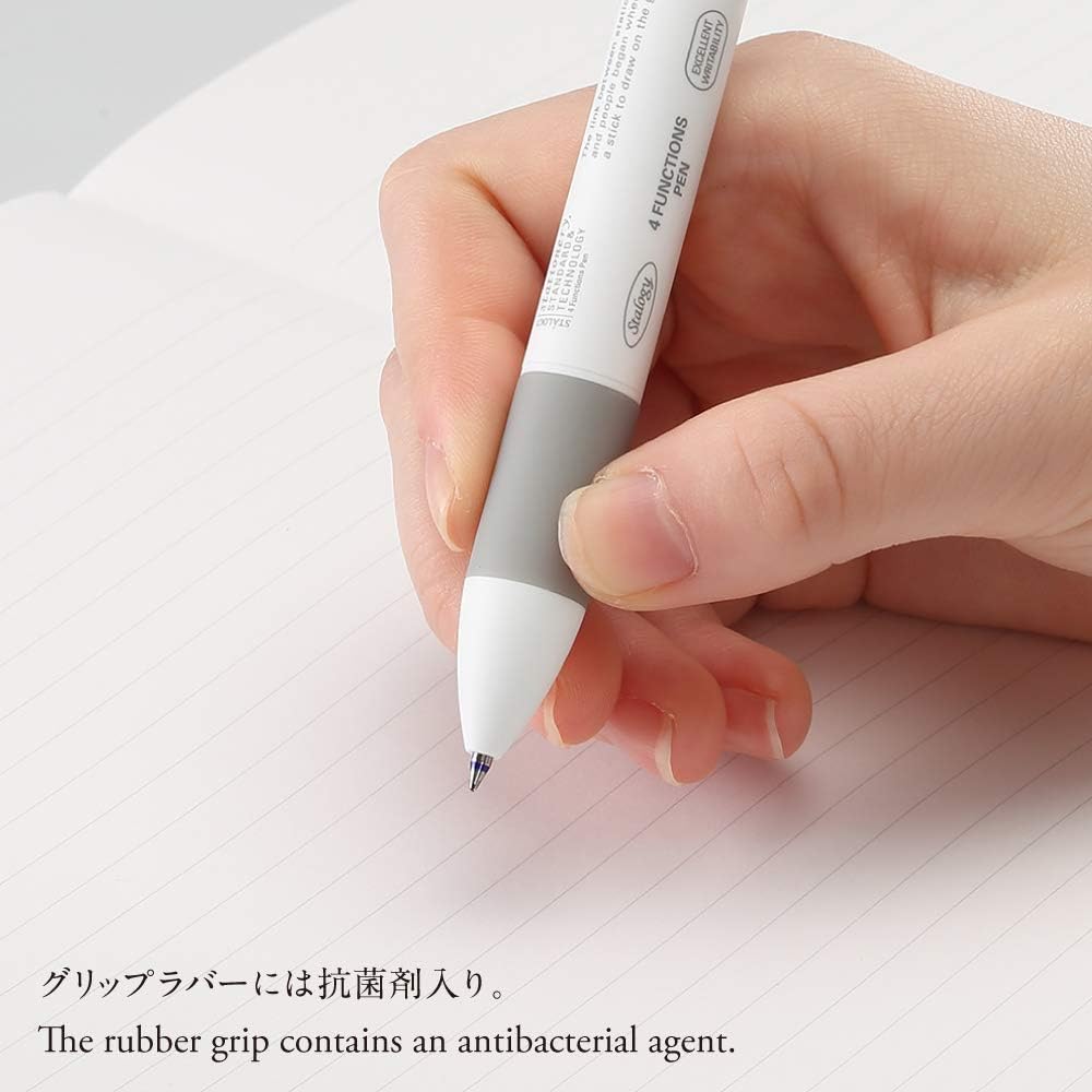 A hand holding the white Stalogy 4 Functions Pen, showing off the antibacterial rubber grip.