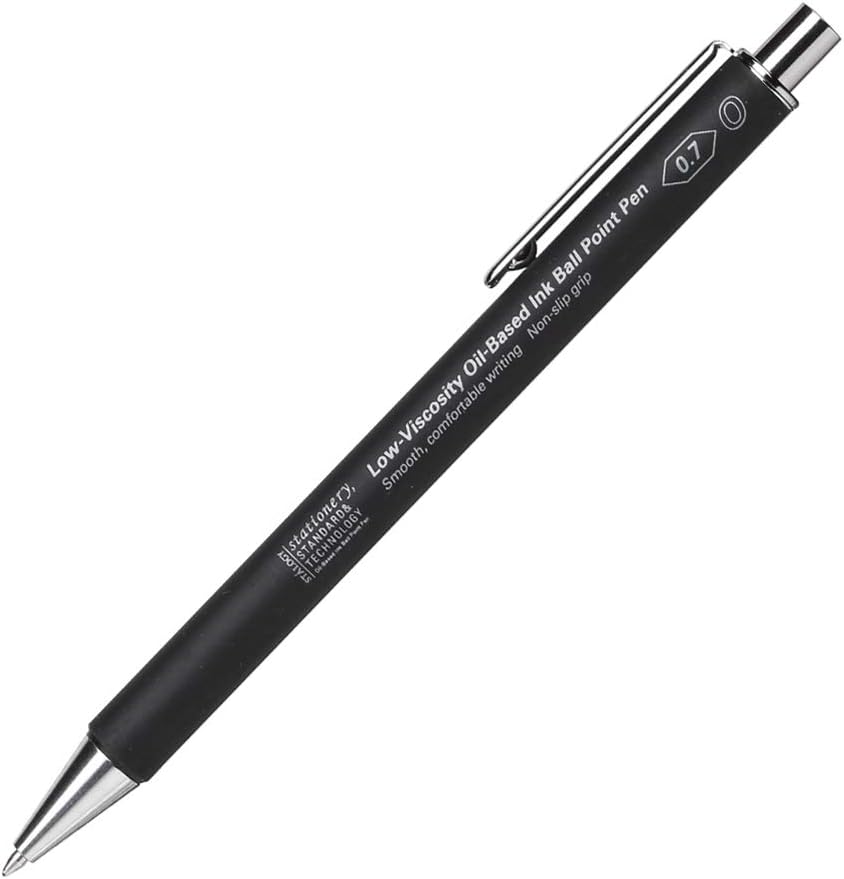 A black Stalogy ballpoint pen with low-viscosity oil-based ink for a smooth writing experience.
