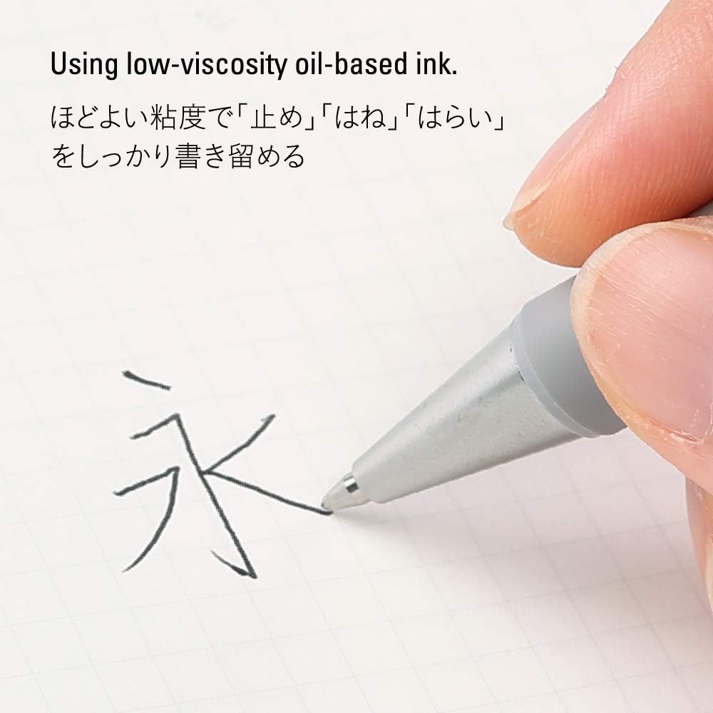A close-up of the pen tip as it writes, highlighting the smooth delivery of the low-viscosity ink.