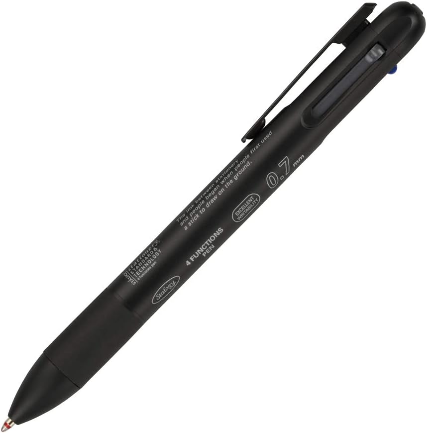 A black Stalogy 4 Functions Pen, showcasing its sleek design and the 0.7mm writing tip.