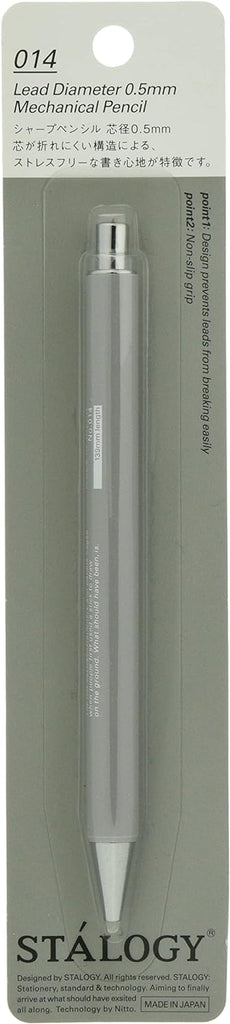 The Stalogy 0.5mm Mechanical Pencil (Grey) packaging, detailing the product's features in both English and Japanese.