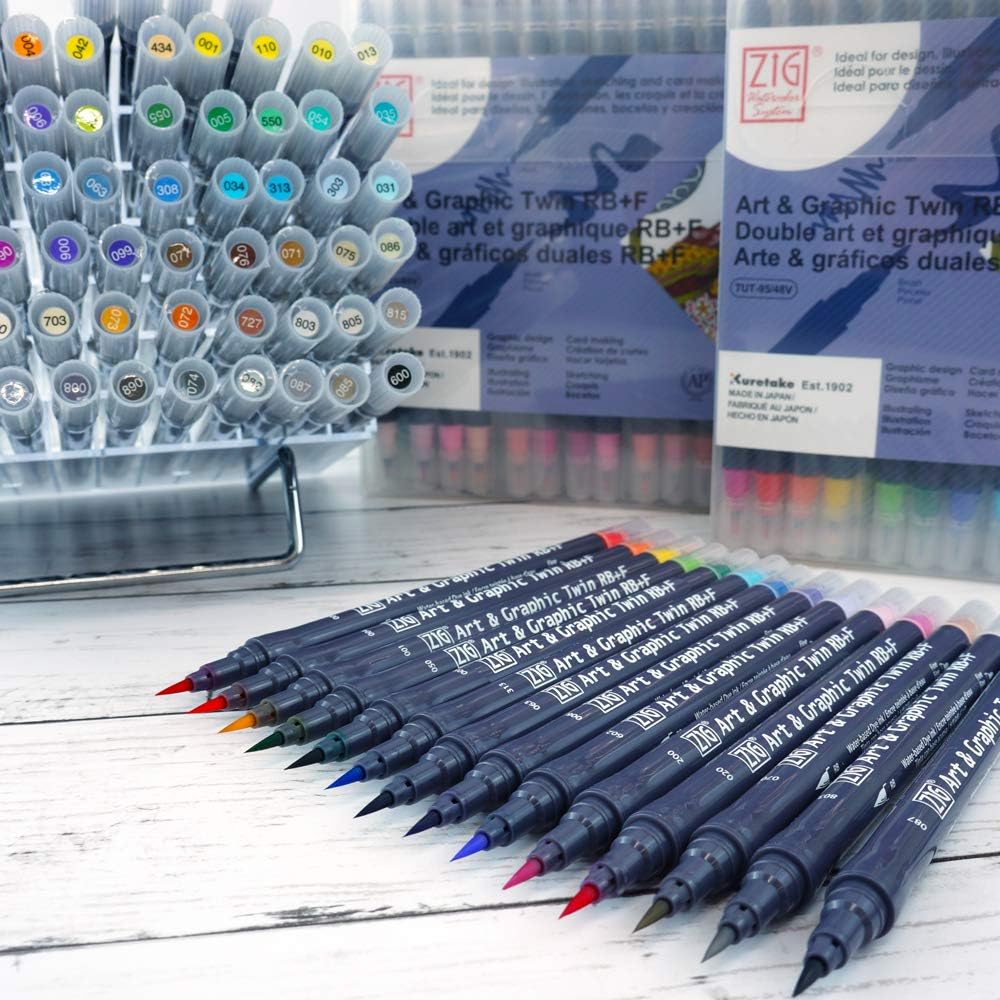Kuretake ZIG Art & Graphic Twin-Tip RB & F (Brush Pen + Fine Point Marker) [80 colours] - The Journal Shop
