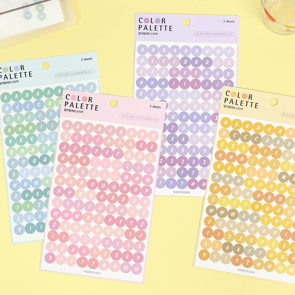 Paperian Colour Palette Stickers - Alphabet & Numbers version in four colours, offering a fun and vibrant touch to your journaling needs.