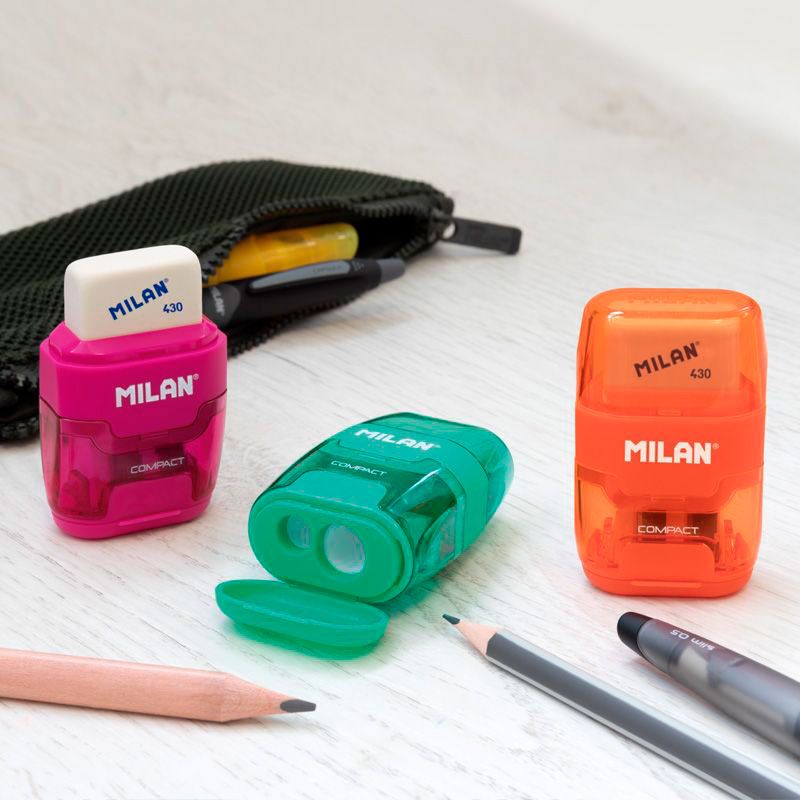 MILAN COMPACT Sharpener + 2 x Erasers [assorted colours] - The Journal Shop