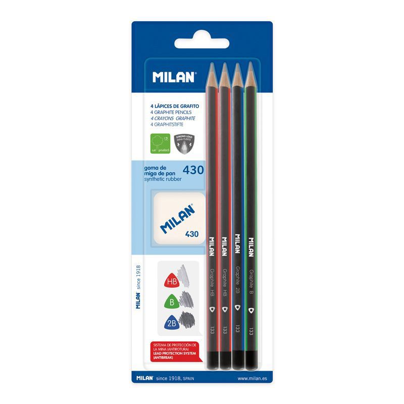 MILAN Set of 4 Triangular Graphite Pencils + 1 Eraser 430 - The Journal Shop