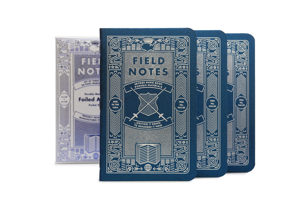 Field Notes “Foiled Again” Edition showcasing silver foil design on indigo cover.