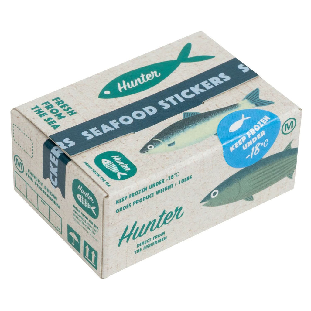 Eco-friendly box of Hunter Seafood Stickers featuring fish illustrations
