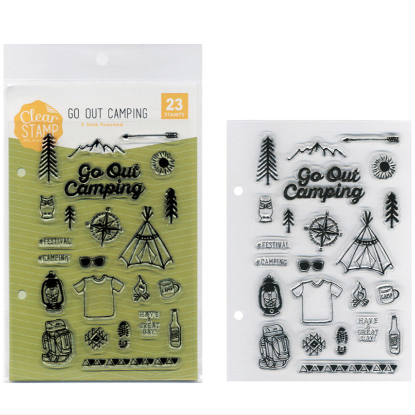 Kodomo No Kao Clear Stamp Sheet – Go Out Camping with 23 designs featuring tents, compasses, campfires, and other camping essentials.

